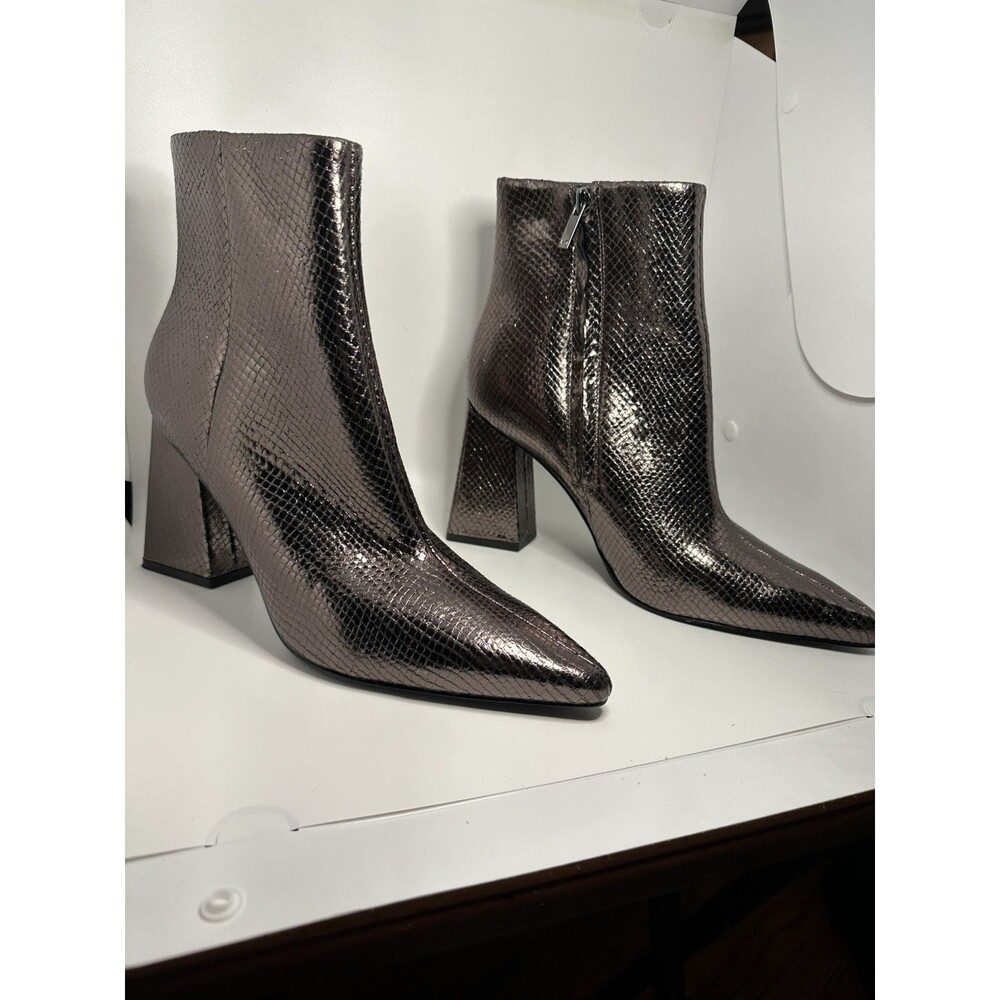 Marc Fisher 9.5 Kulika Silver Snakeskin Leather Pointed Toe Booties Block Heel